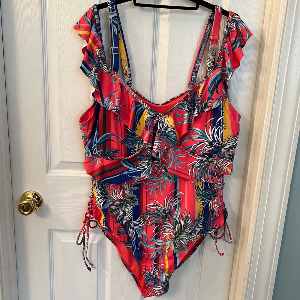 XOXO One Piece Swimsuit Coral Pink Stripe w/Palms Sz 2X - Picture 2 of 12